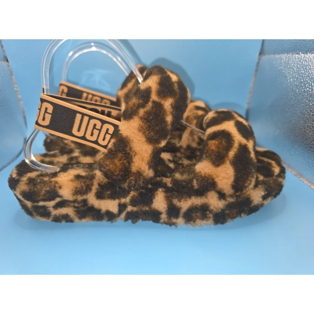 UGG Oh Fluffita Leopard Print Platform Slingback Slides Sandals 1120920 Womens 8